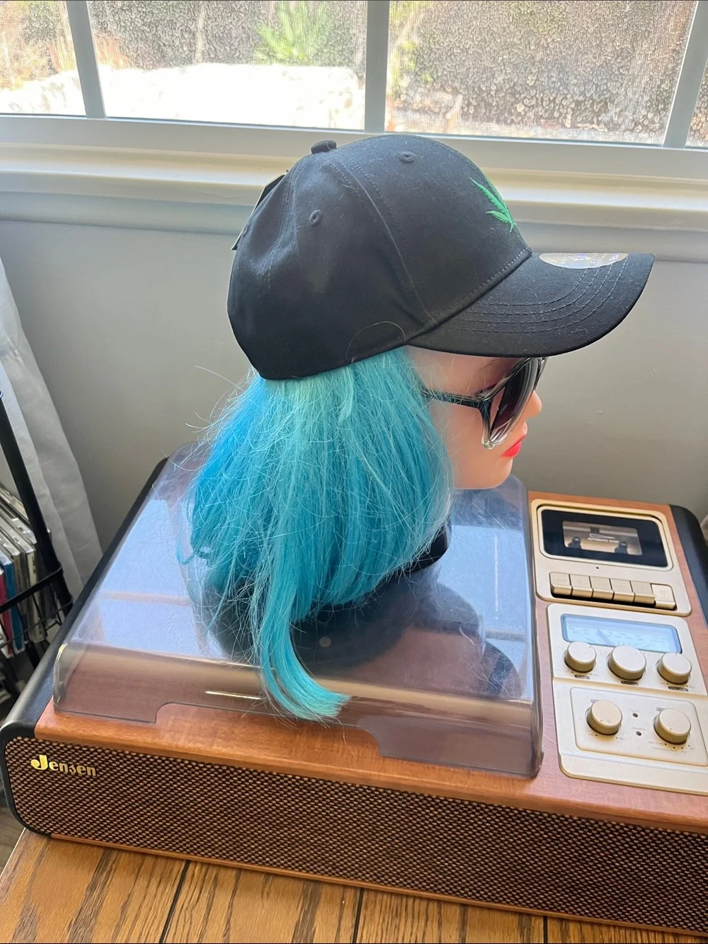 Black Baseball Cap with Green Leaf Embroidery